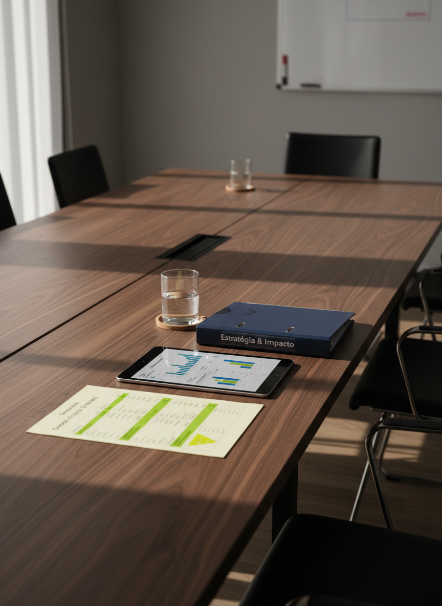 An elegant wooden conference table with a natural, satin finish stretches horizontally across a minimalist meeting room, its grain running in clean, linear patterns. At the near end lies a carefully organized set of printed financial statements with highlighted sections emphasizing social impact metrics, alongside a slim graphite-gray tablet showing a simple impact investing portfolio. A glass of water rests on a circular cork coaster near a closed, navy-blue binder labeled “Estratégia & Impacto”. Cool, diffused daylight from a large off-frame window washes the scene, casting soft, elongated shadows and a calm tone. Captured from a slightly elevated, three-quarter angle with moderate depth of field, the background fades into a neutral wall and blurred whiteboard, creating a professional, thoughtful atmosphere in sharp, photographic realism.